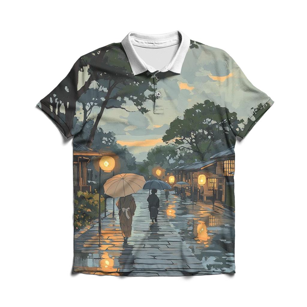 Hiroshige Inspired Rainy Street At Dusk stylish collar polo tees
