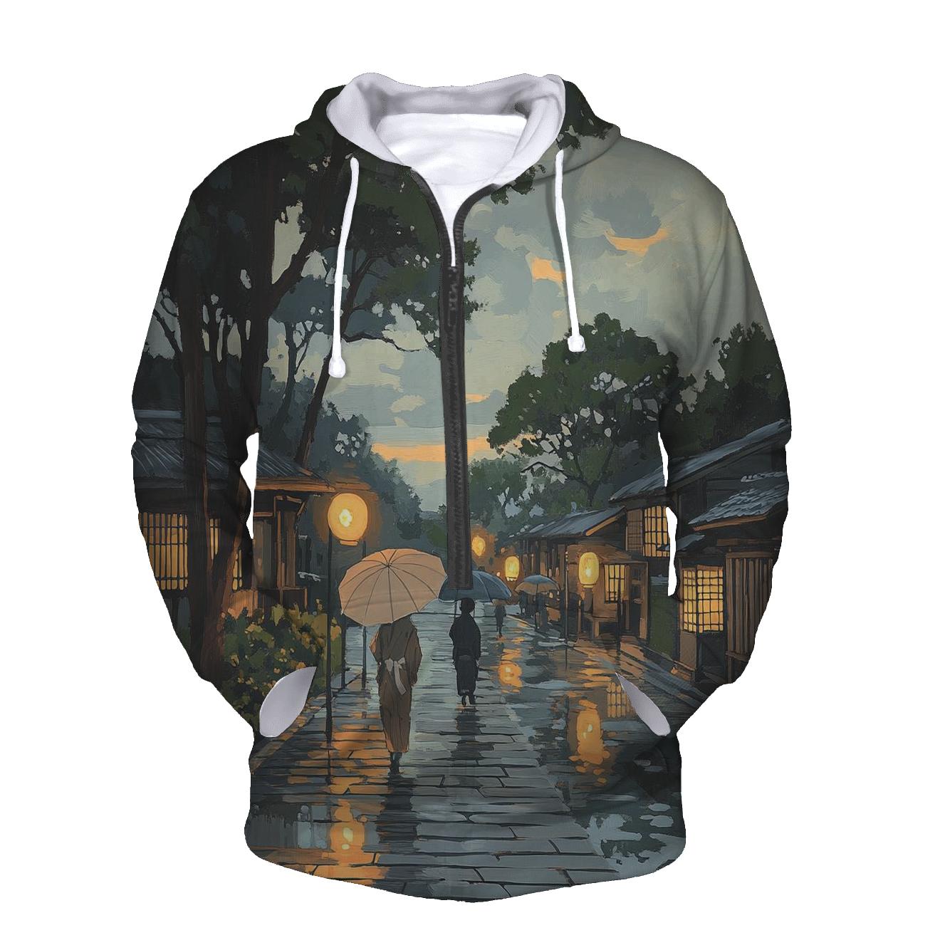 Hiroshige Inspired Rainy Street At Dusk embroidered hoodies
