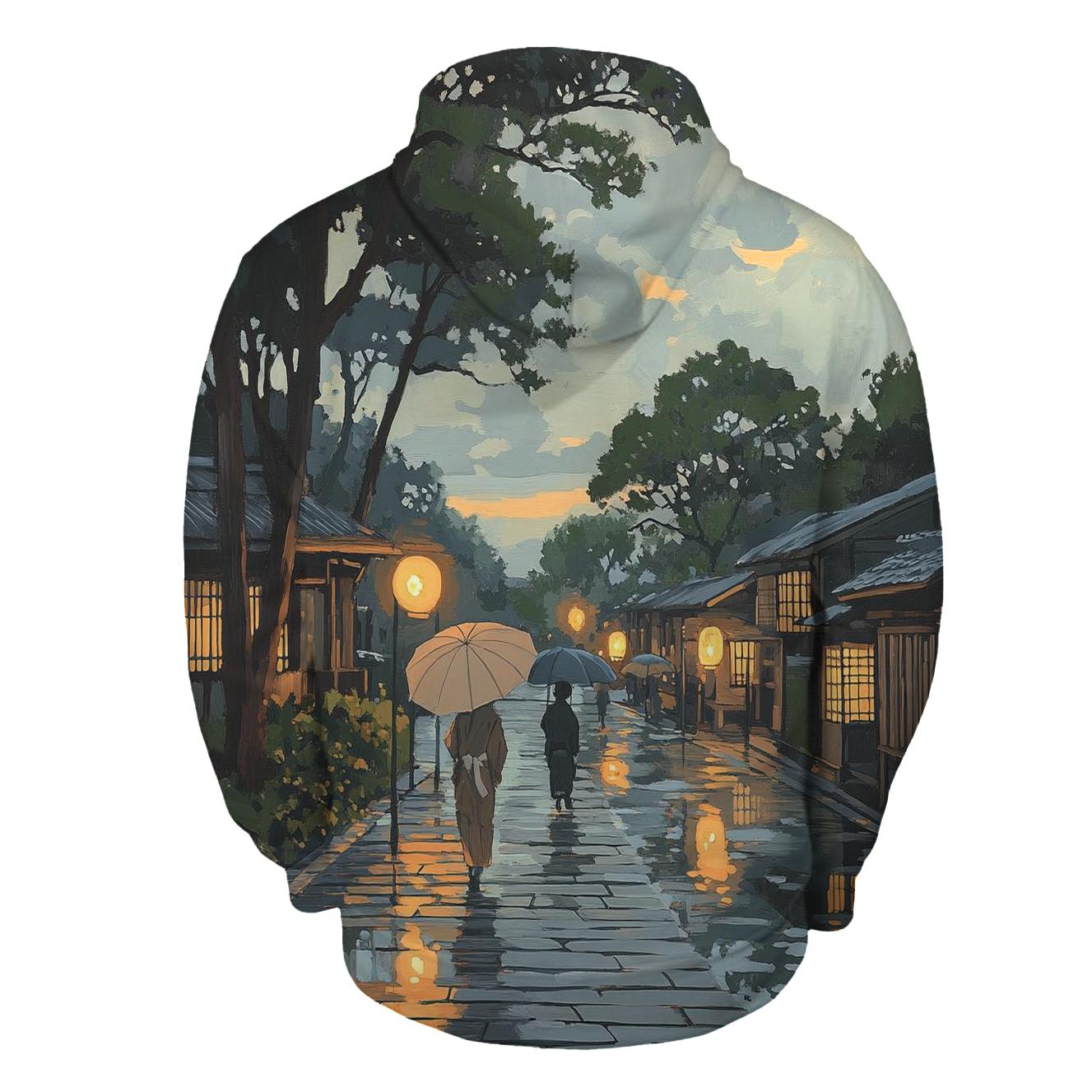 Hiroshige Inspired Rainy Street At Dusk embroidered hoodies