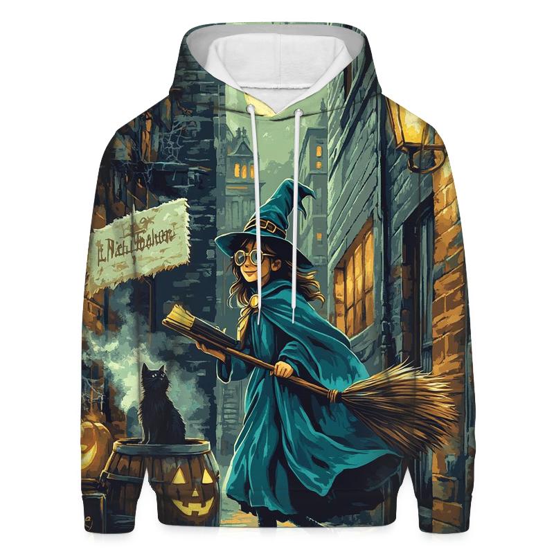 Midnight Witch In Spooky Alley graphic hoodies