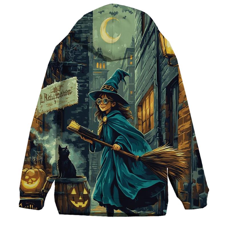 Midnight Witch In Spooky Alley graphic hoodies