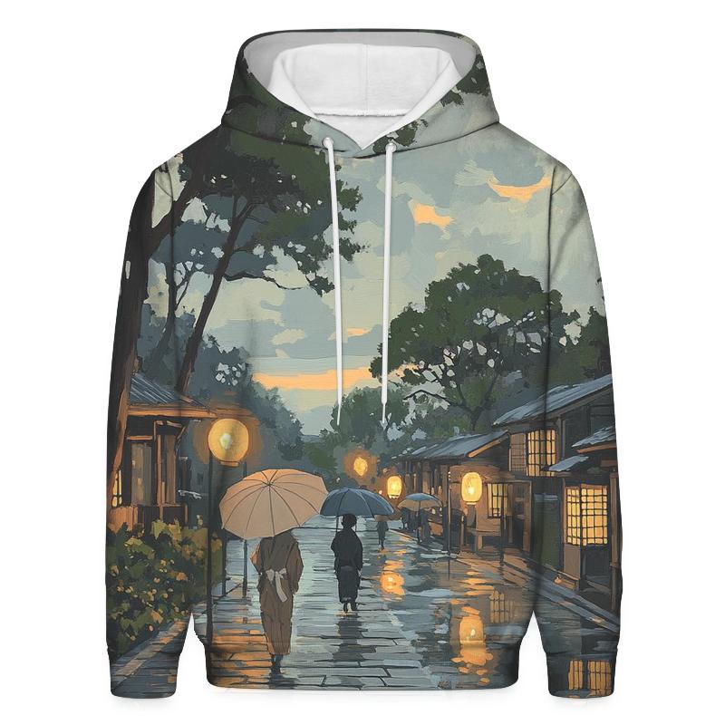 Hiroshige Inspired Rainy Street At Dusk premium hoodies