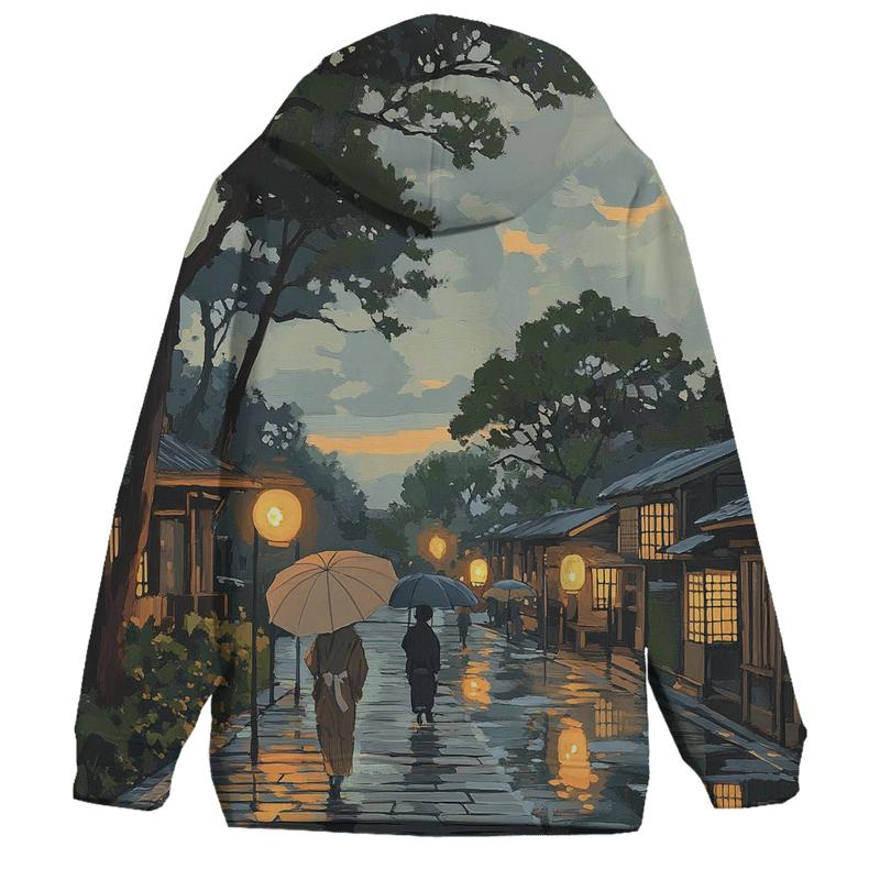 Hiroshige Inspired Rainy Street At Dusk premium hoodies