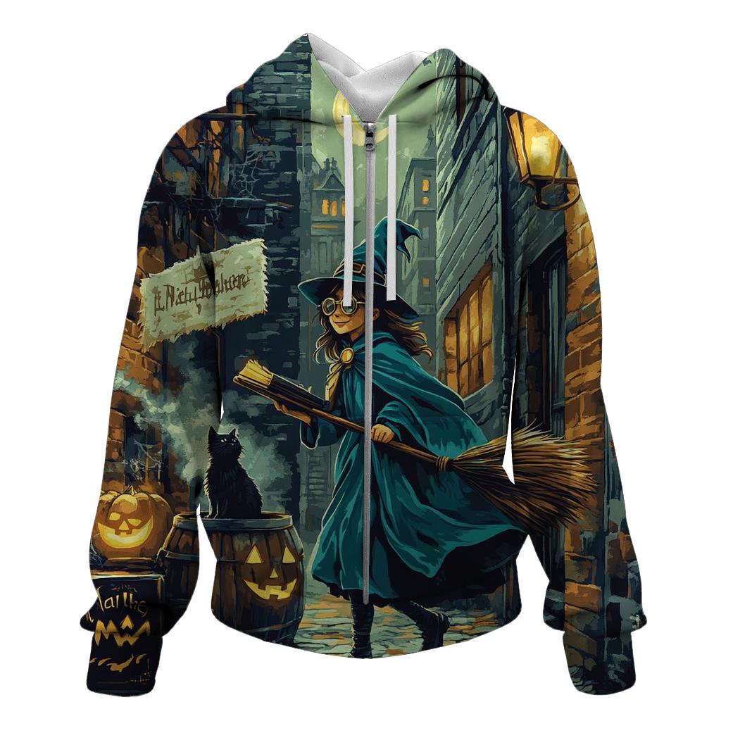 Midnight Witch In Spooky Alley lightweight hoodies