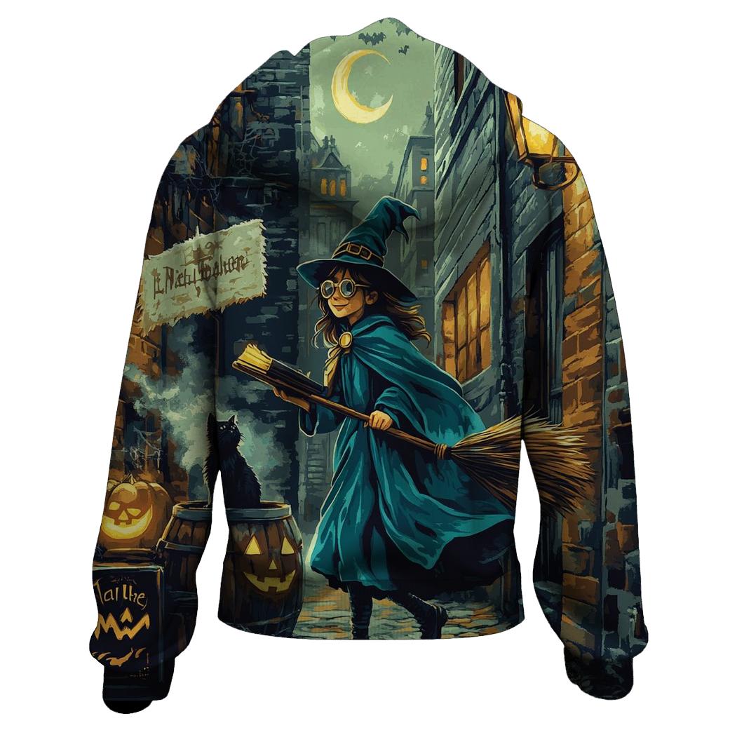 Midnight Witch In Spooky Alley lightweight hoodies
