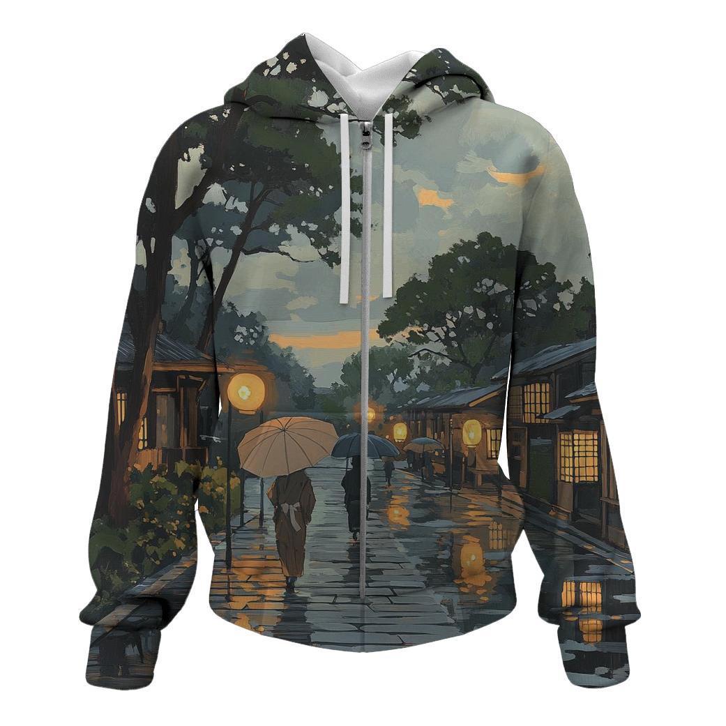 Hiroshige Inspired Rainy Street At Dusk printed hoodies