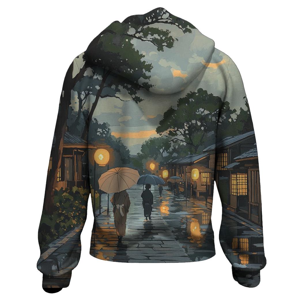 Hiroshige Inspired Rainy Street At Dusk printed hoodies