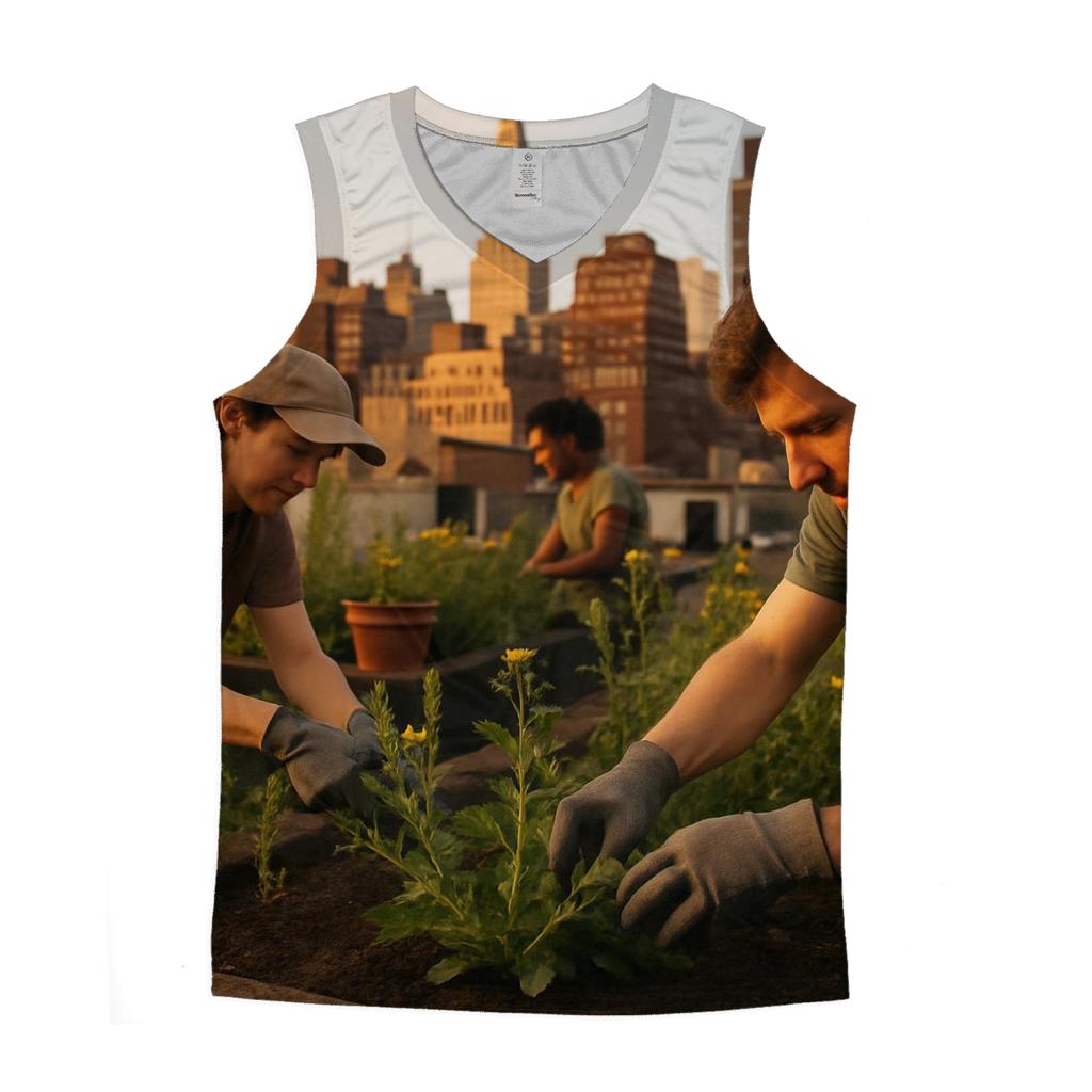 Rooftop Garden Overlook At Golden Hour graphic print tank tops