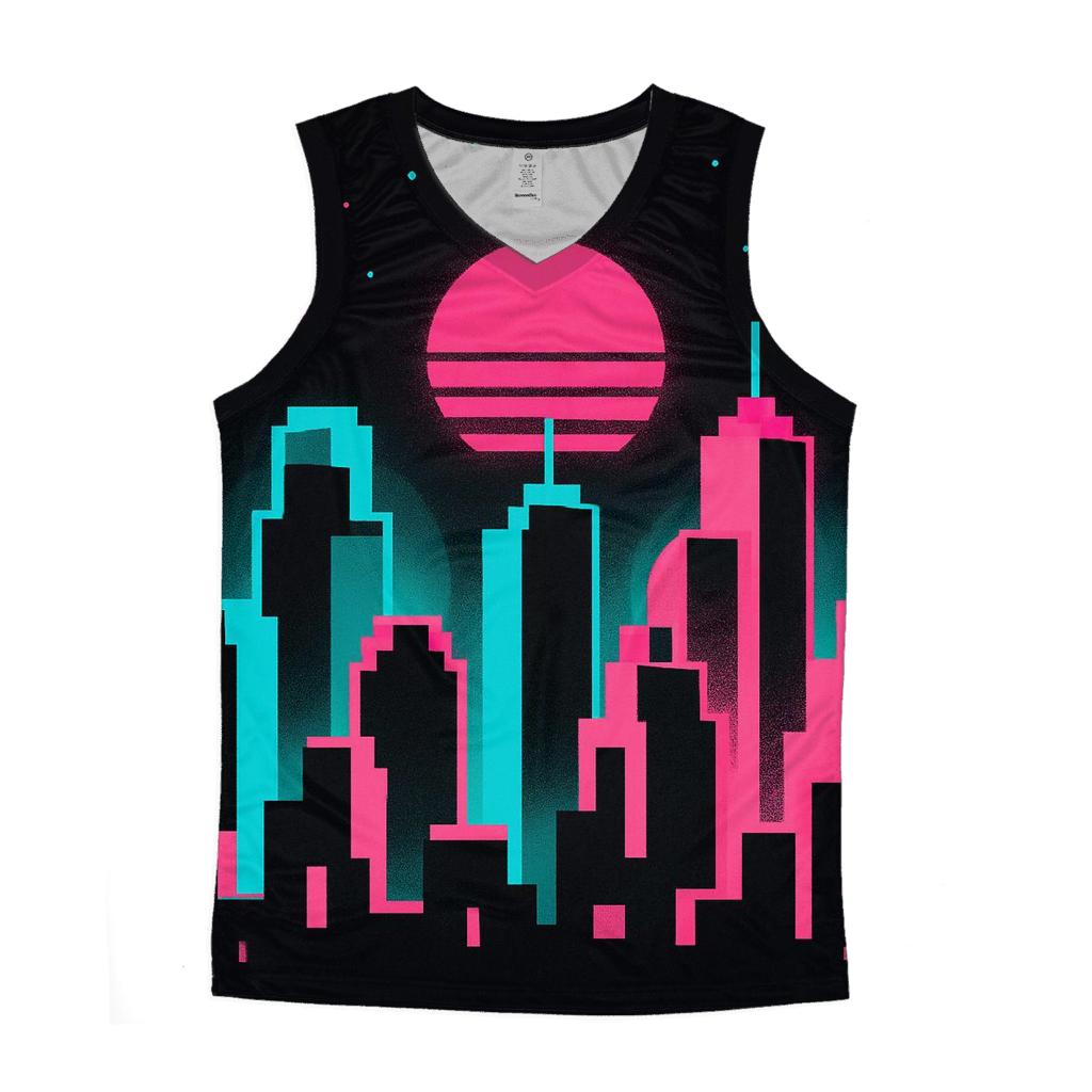Pixel Skyline Glow graphic print tank tops