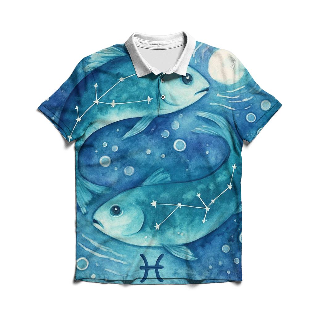 Pisces Cosmic Fish Dream Scene classic pique polos