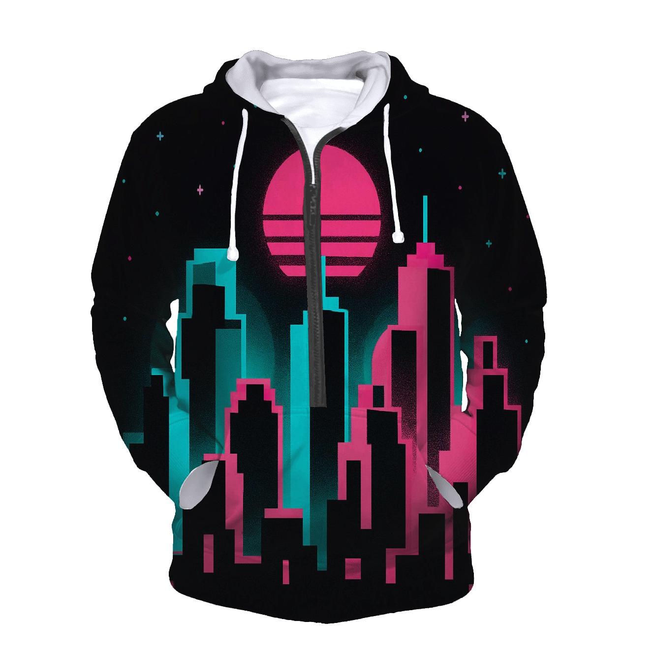 Pixel Skyline Glow embroidered hoodies