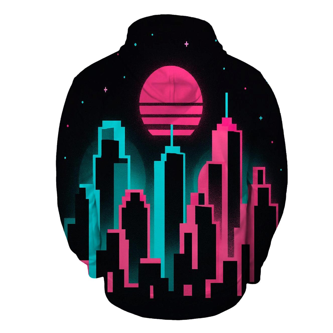 Pixel Skyline Glow embroidered hoodies