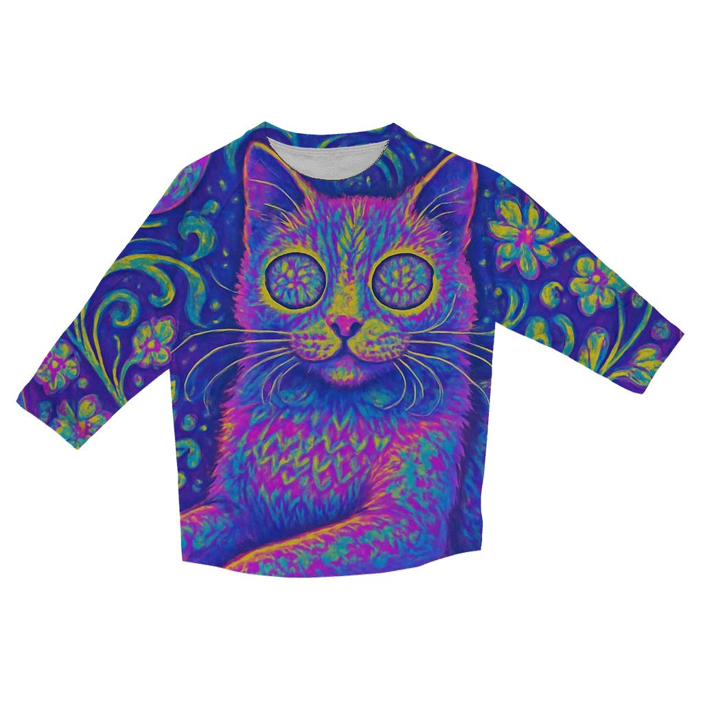 Psychedelic Tea Break Cat printed three quarter sleeve shirts