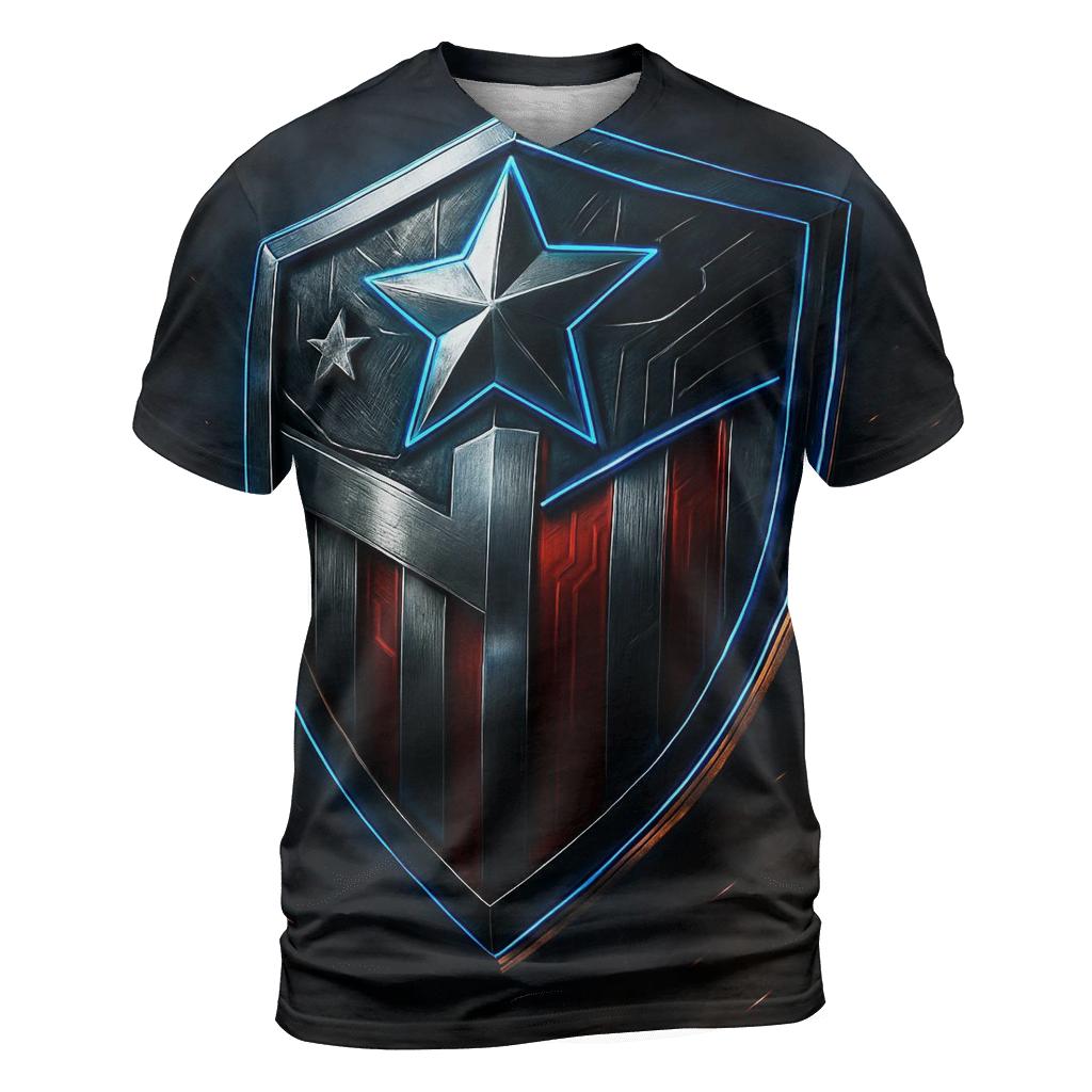 Patriotic Techno Shield vibrant all-over design tees