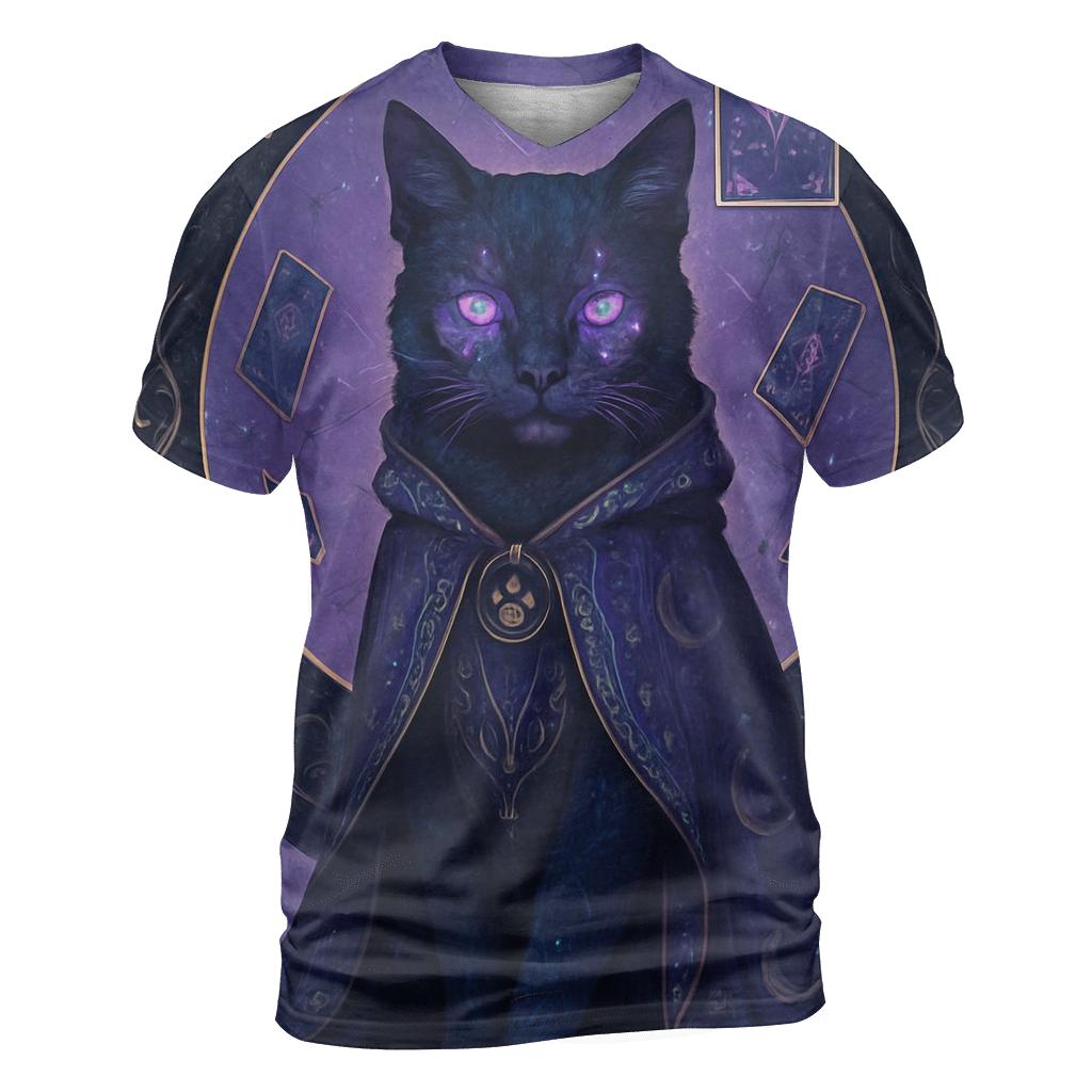 Midnight Oracle Cat artistic all-over print tops