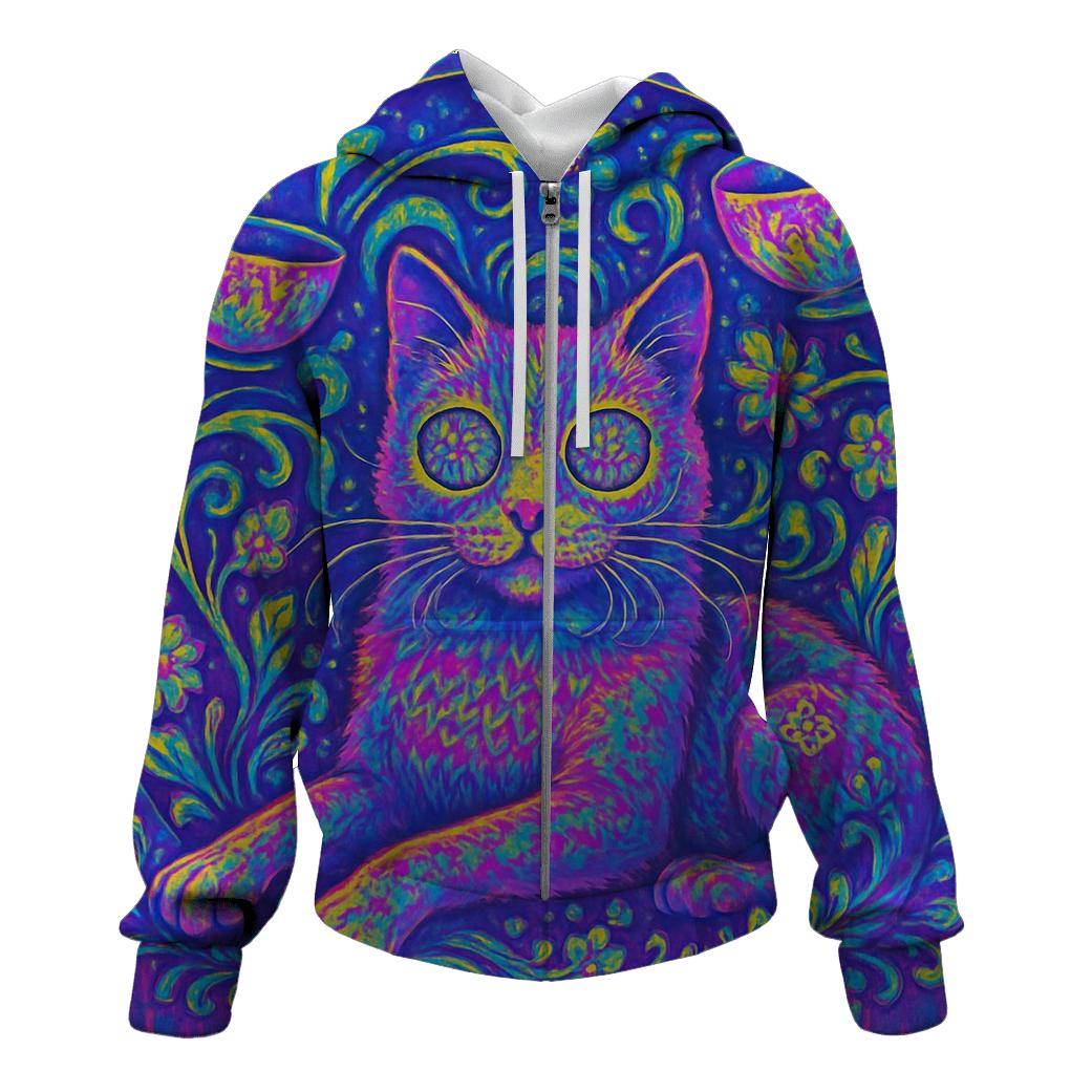 Psychedelic Tea Break Cat graphic hoodies