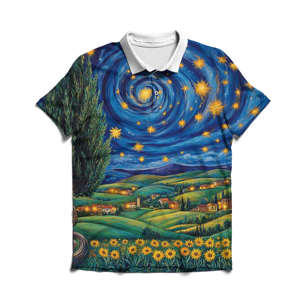 Van Gogh Inspired Starry Countryside classic pique polos