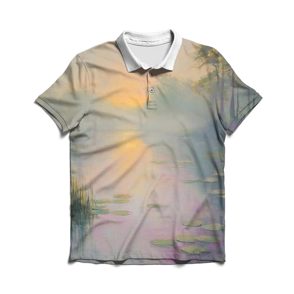Monet Inspired Water Lilies At Dawn premium cotton polo shirts