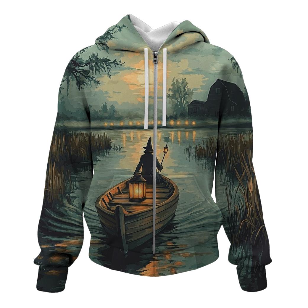 Lantern-Ferry Of The Spooky Marsh embroidered hoodies