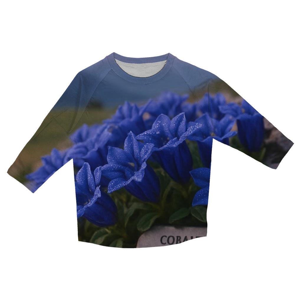 Alpine Gentian Meadow At Dawn designer 3/4 sleeve blouses