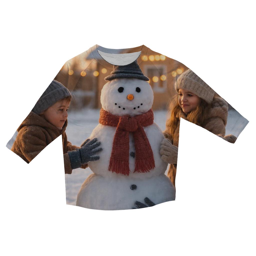Children Building Snowman printed three quarter sleeve shirts