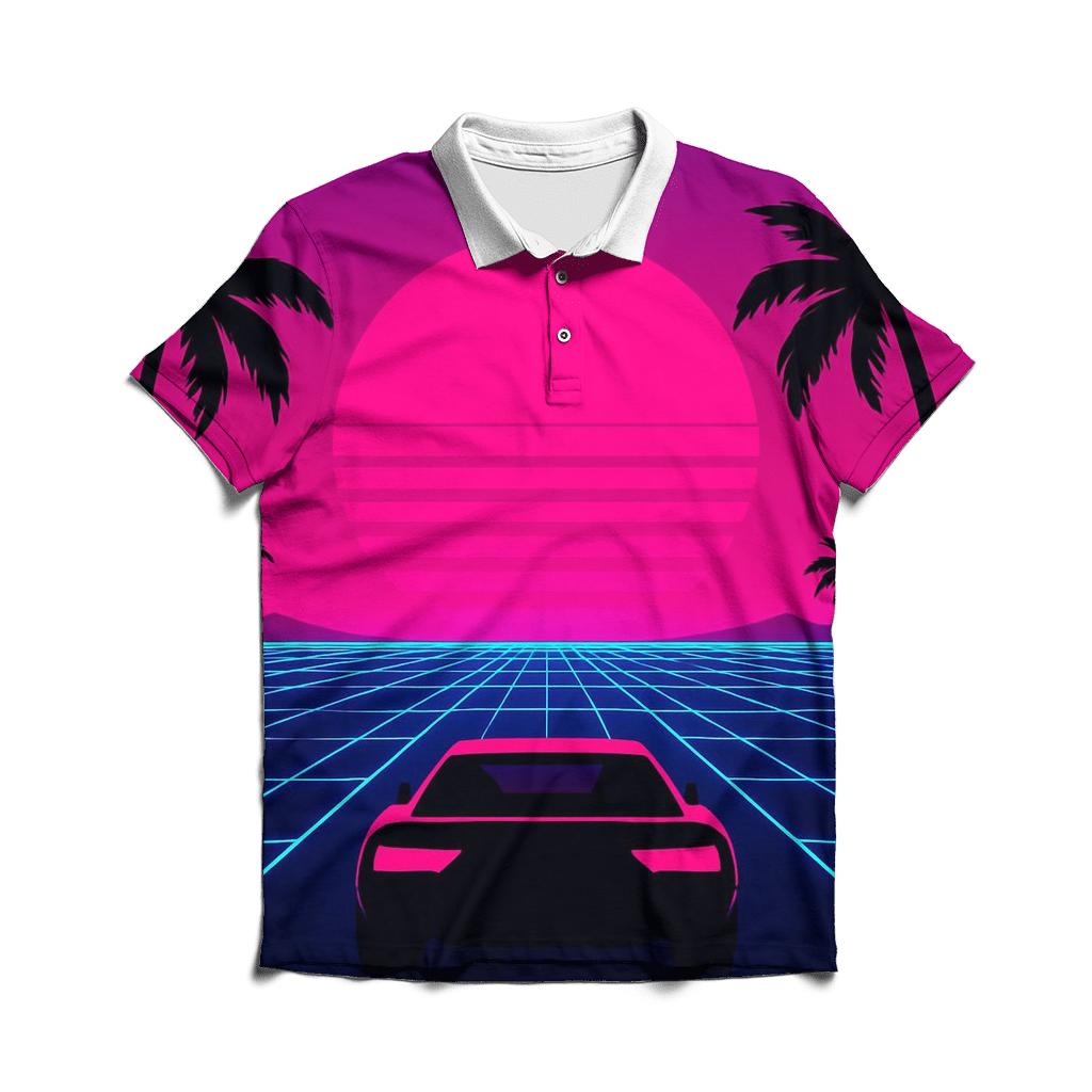 Neon Grid Sunset stylish collar polo tees