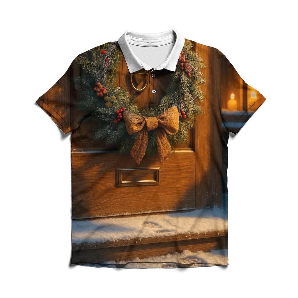 Wreath On Frosted Doorstep premium cotton polo shirts