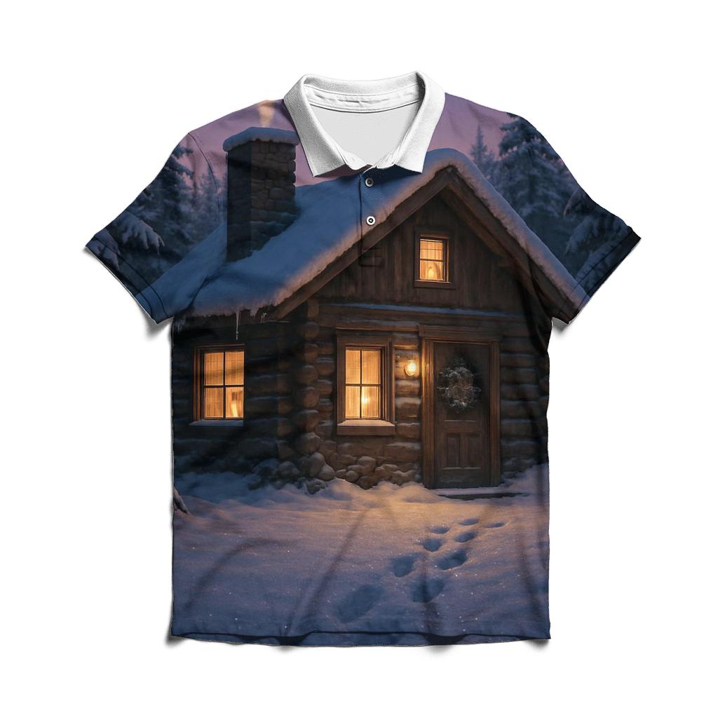 Snow Topped Log Cabin Dusk stylish collar polo tees