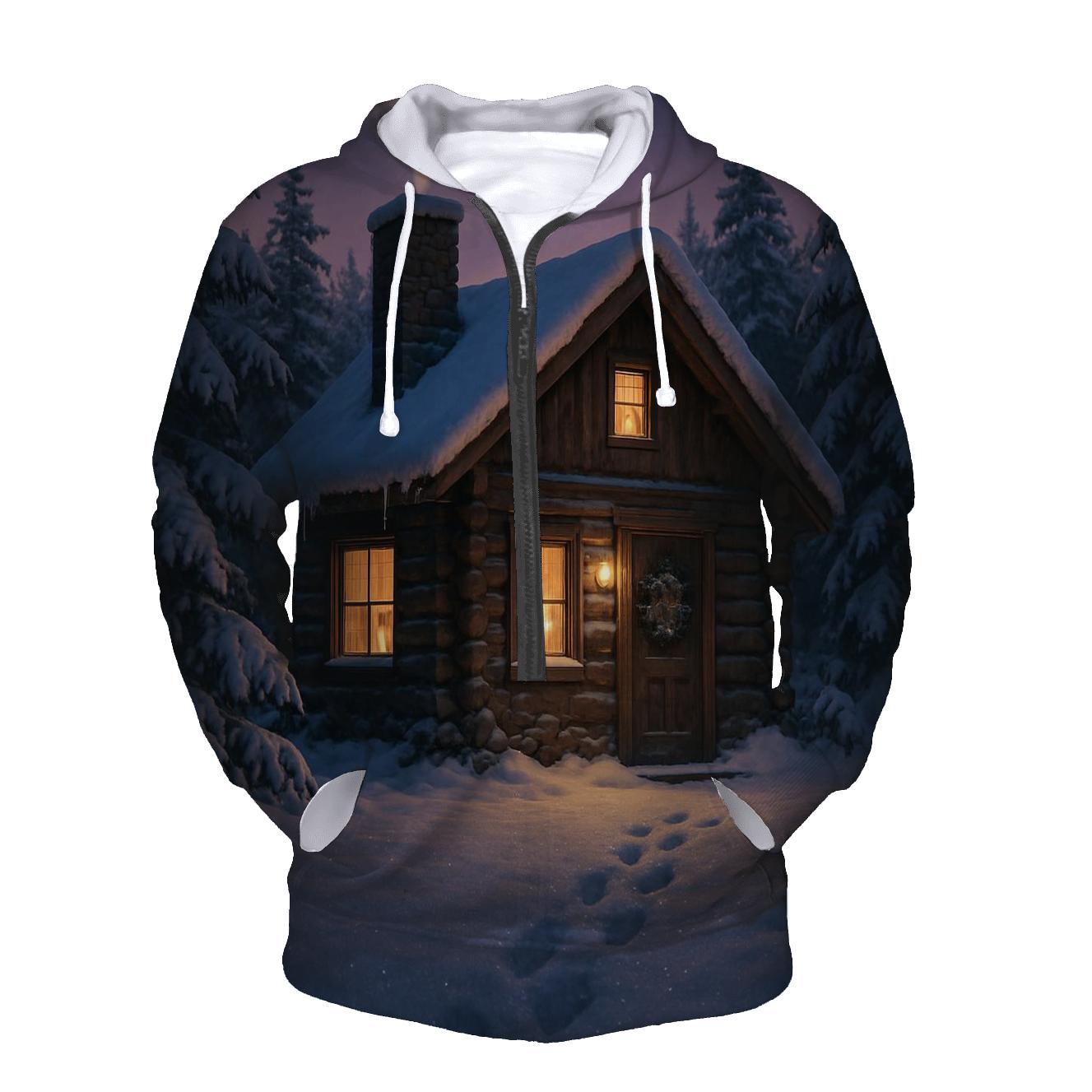 Snow Topped Log Cabin Dusk printed hoodies