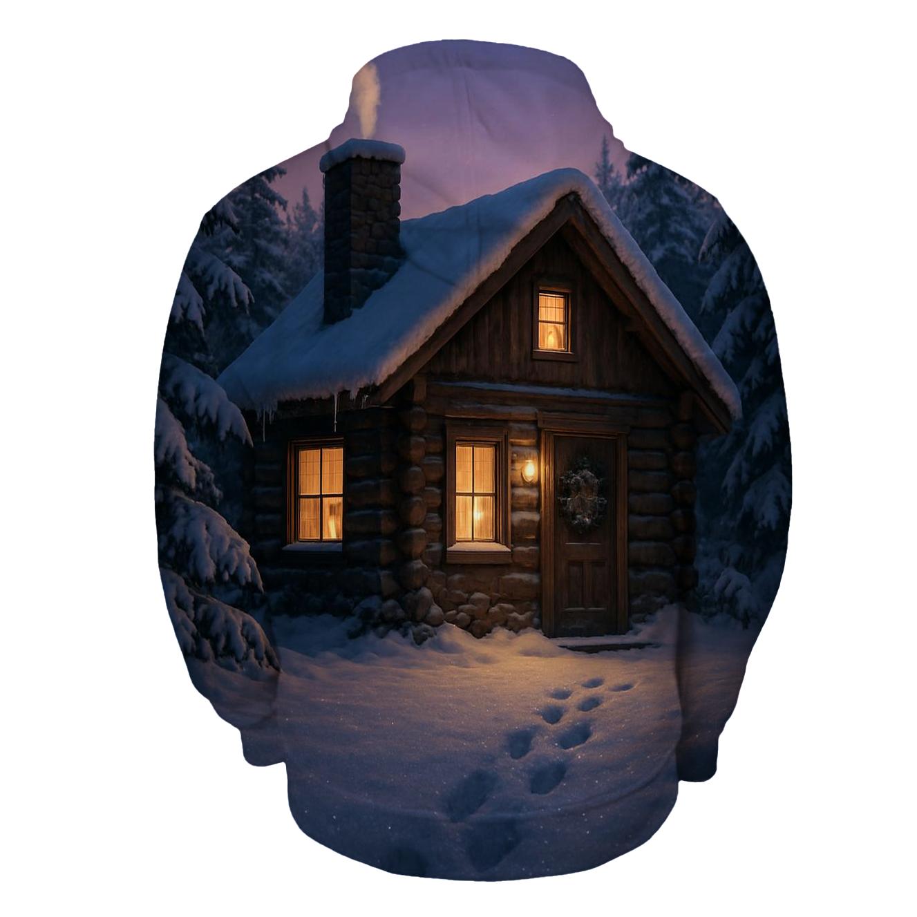 Snow Topped Log Cabin Dusk printed hoodies