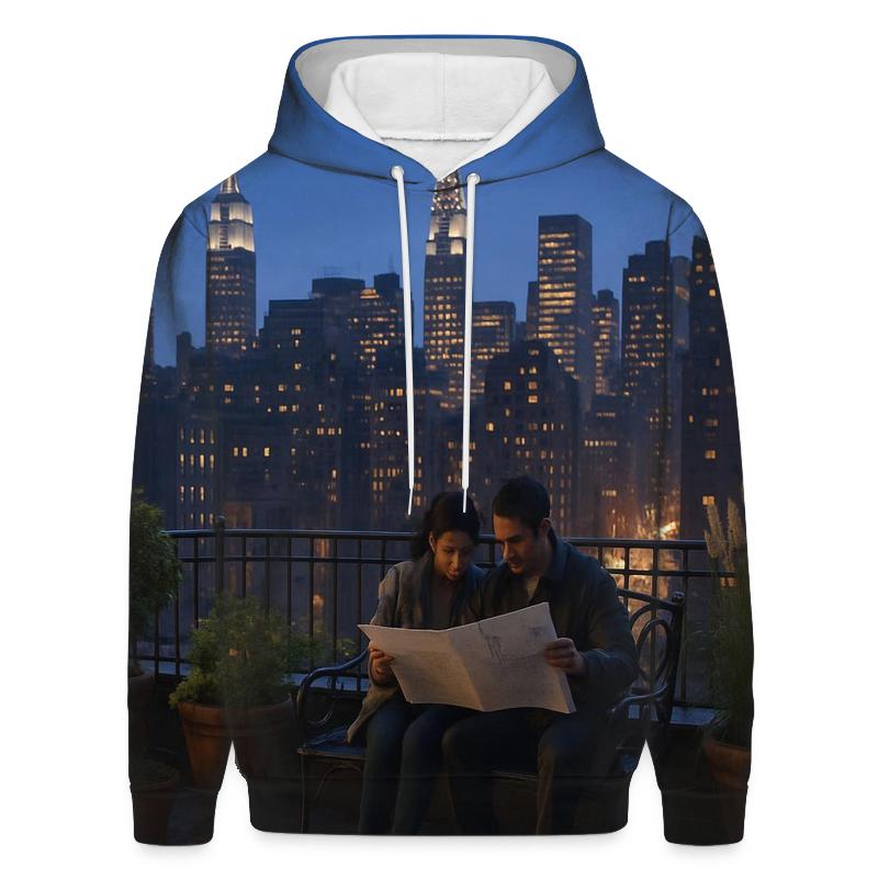 Blue Hour Skyline From A Rooftop Garden embroidered hoodies