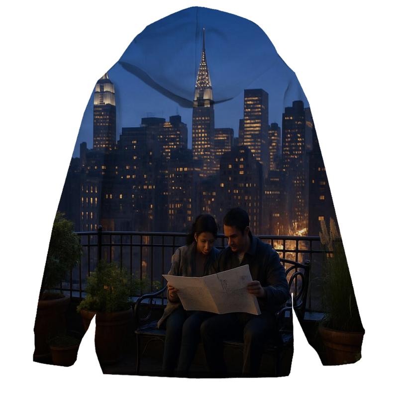 Blue Hour Skyline From A Rooftop Garden embroidered hoodies