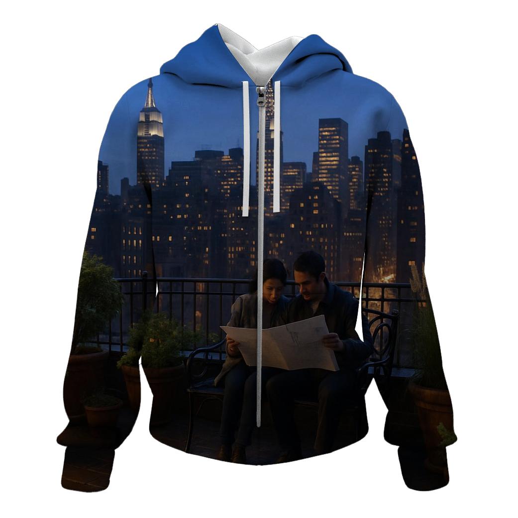 Blue Hour Skyline From A Rooftop Garden embroidered hoodies