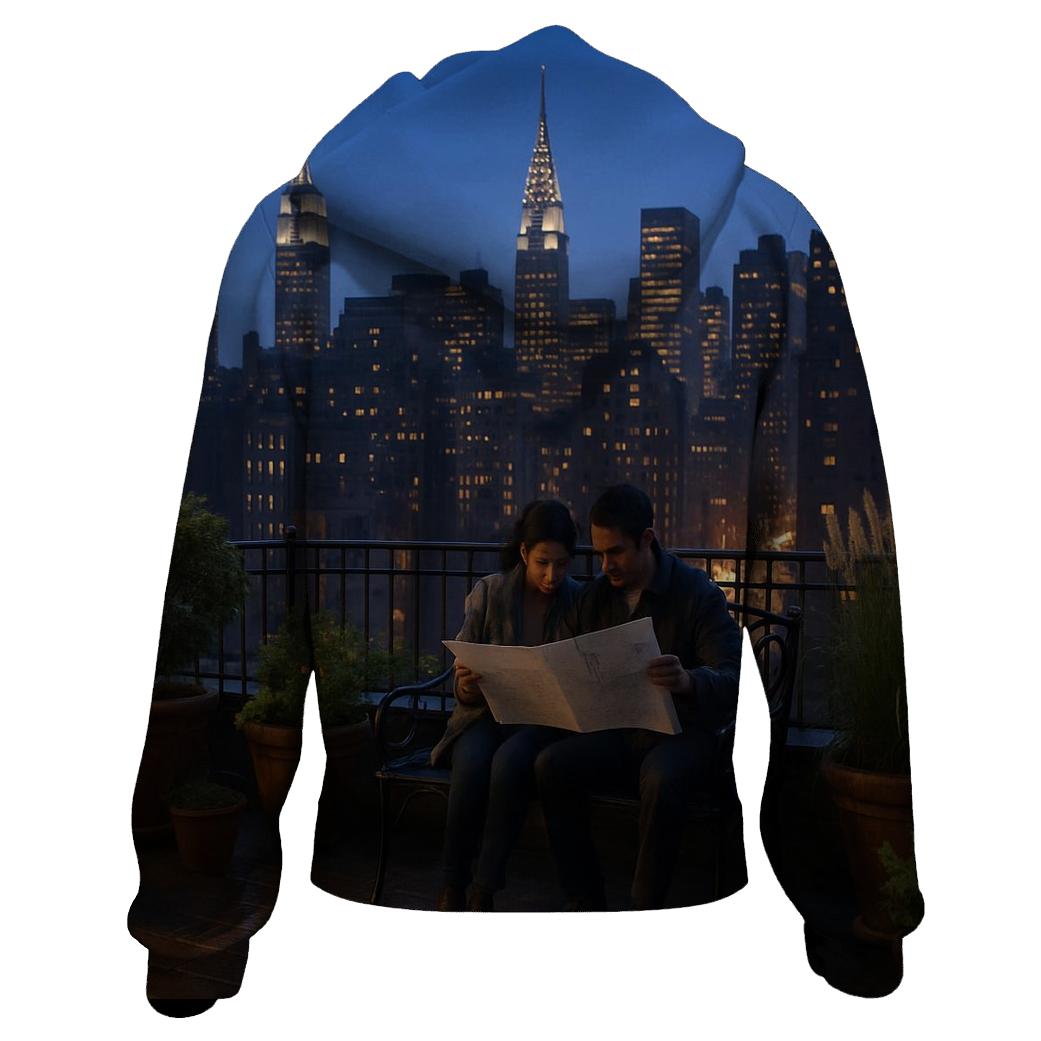 Blue Hour Skyline From A Rooftop Garden embroidered hoodies
