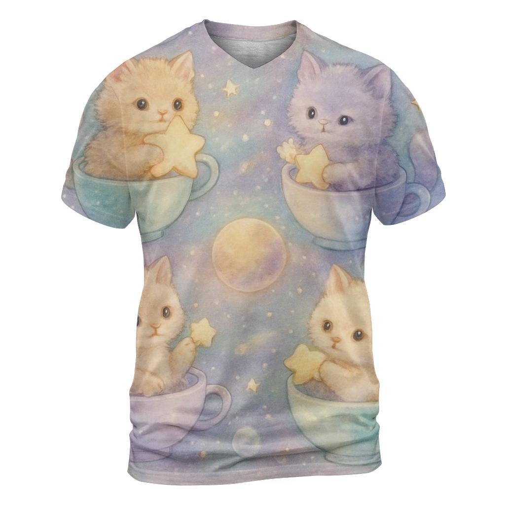 Cosmic Tea Party Kittens vibrant all-over design tees