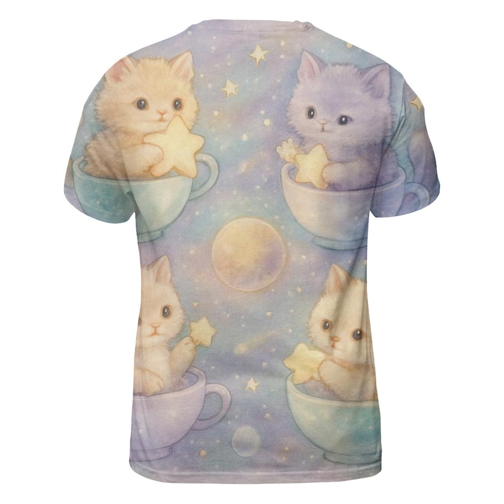 Cosmic Tea Party Kittens vibrant all-over design tees