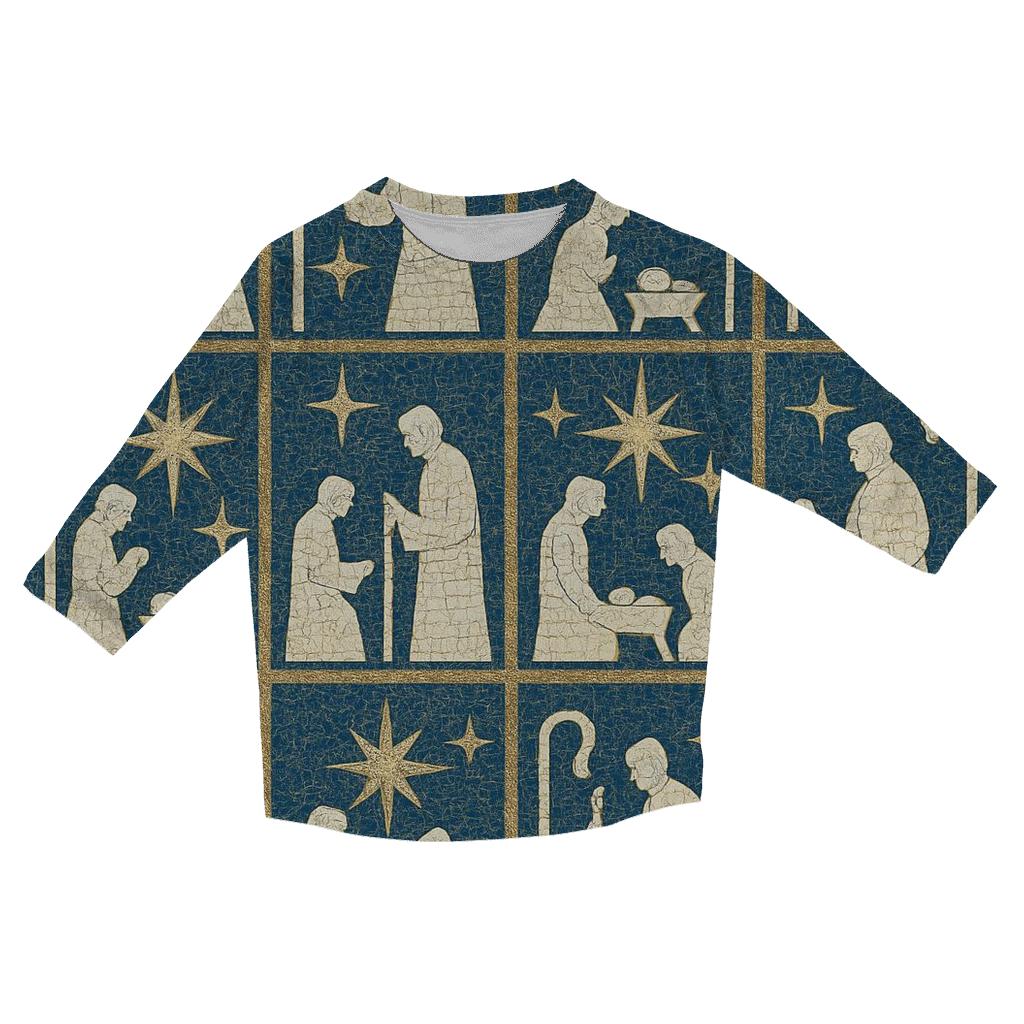 Ivory Nativity Mosaic On Midnight Blue Background designer 3/4 sleeve blouses