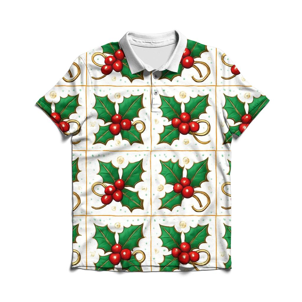 Red Holly Grid On White Background classic pique polos
