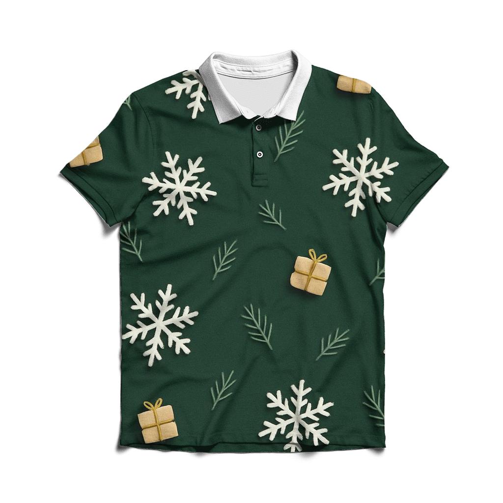 White Snowflake Scatter On Forest Green Background casual sports polo shirts