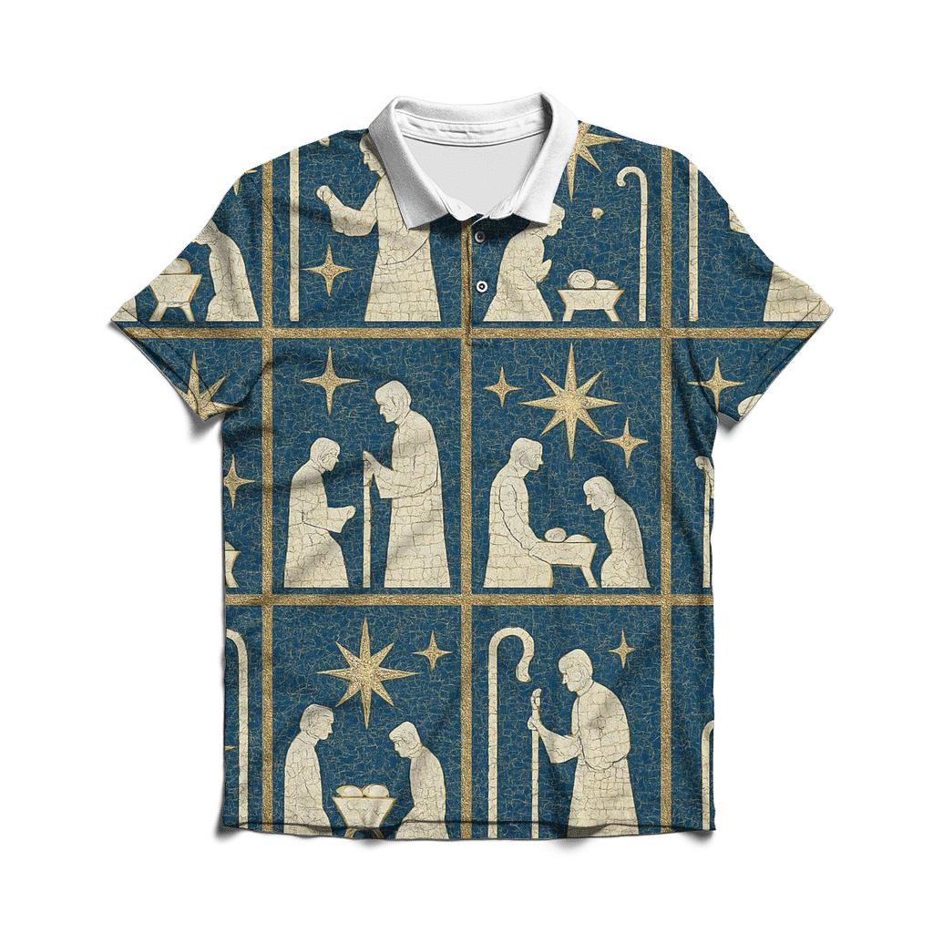 Ivory Nativity Mosaic On Midnight Blue Background premium cotton polo shirts