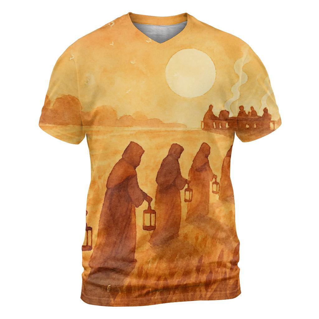 Pilgrim Lantern Procession vibrant all-over design tees