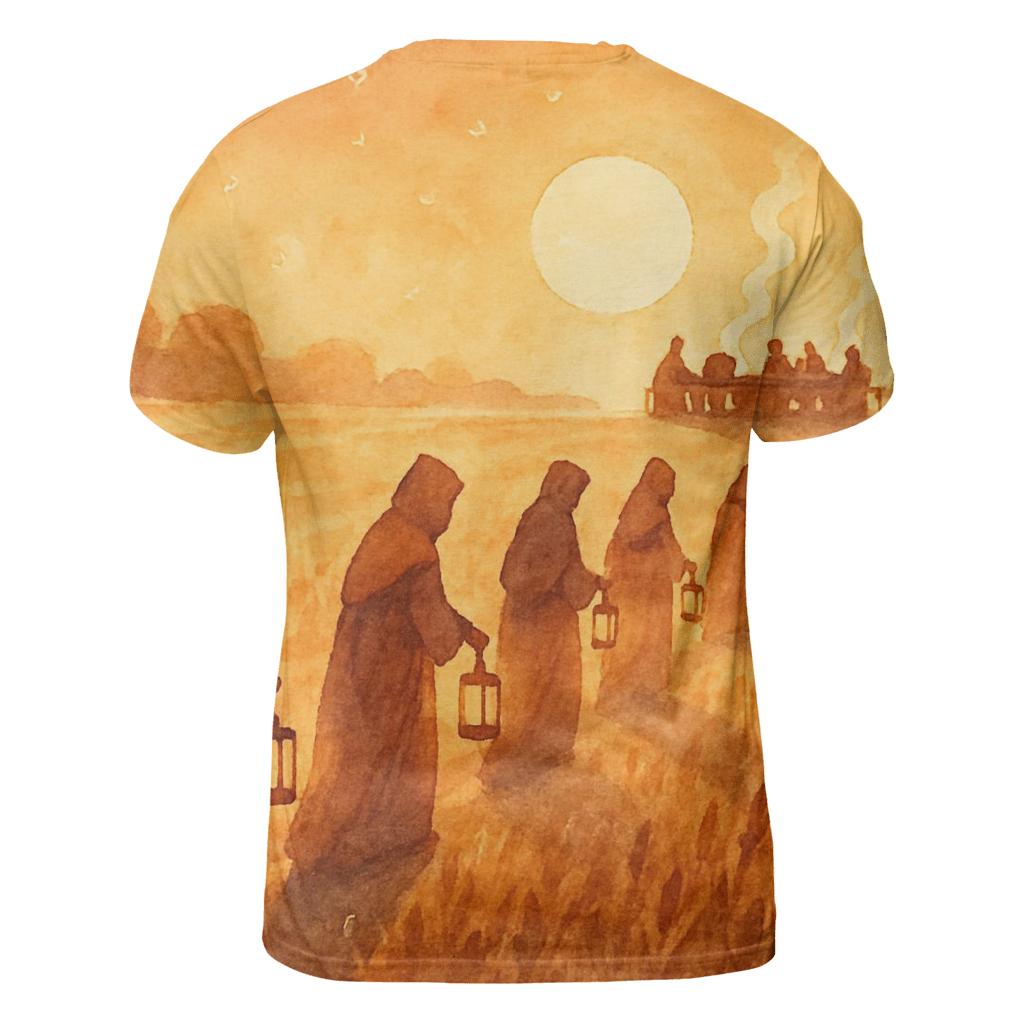 Pilgrim Lantern Procession vibrant all-over design tees