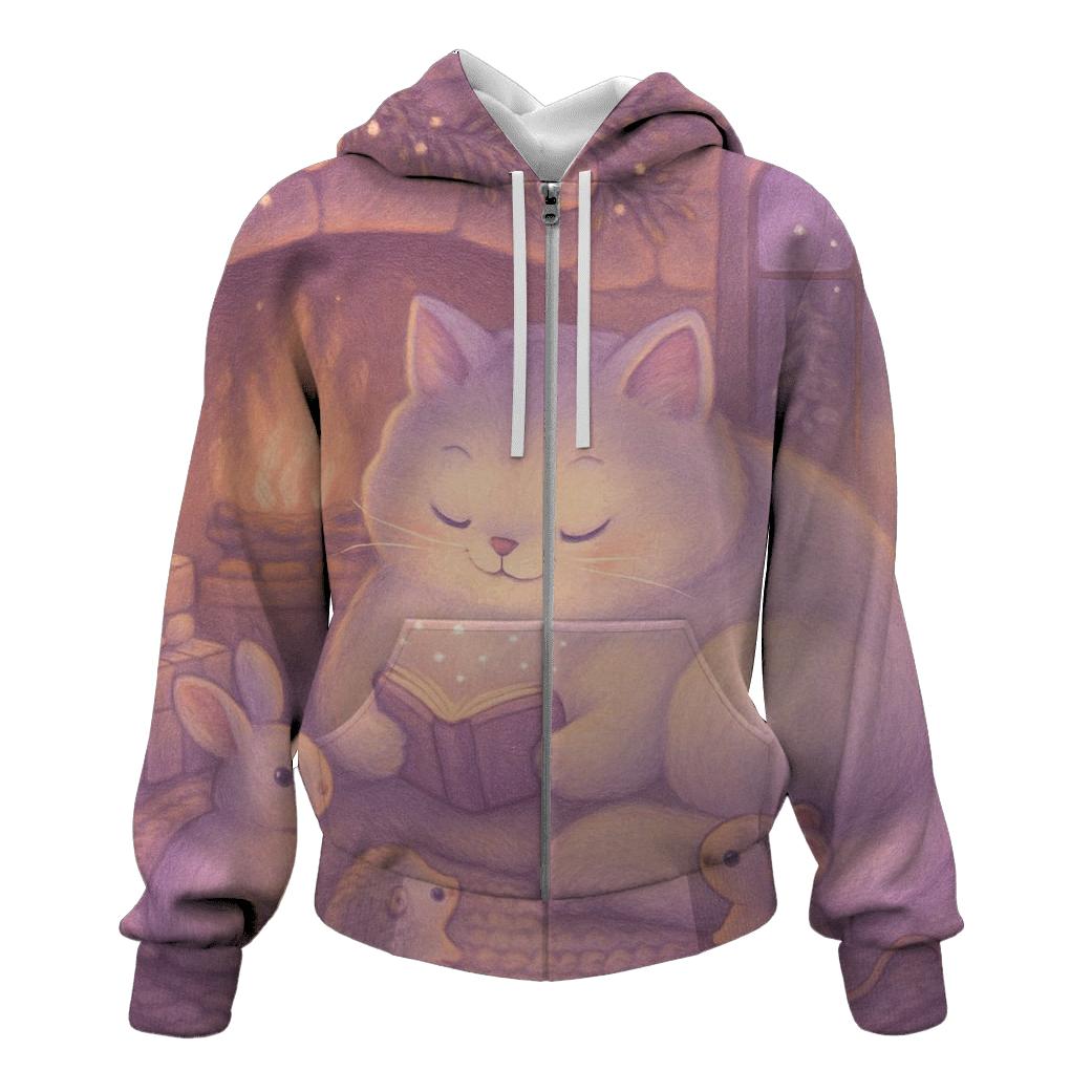 Fireplace Storytime With Snowcat printed hoodies