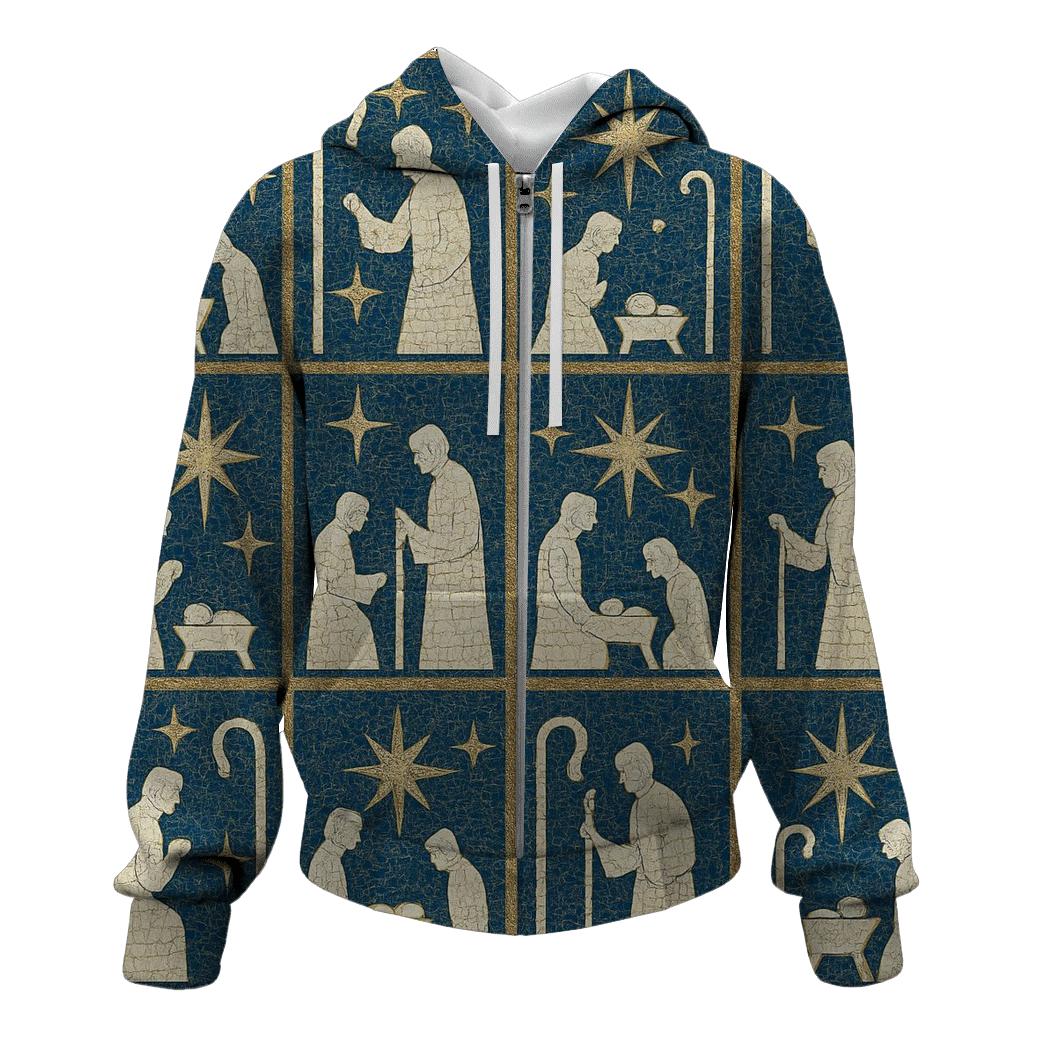 Ivory Nativity Mosaic On Midnight Blue Background hoodies fashion