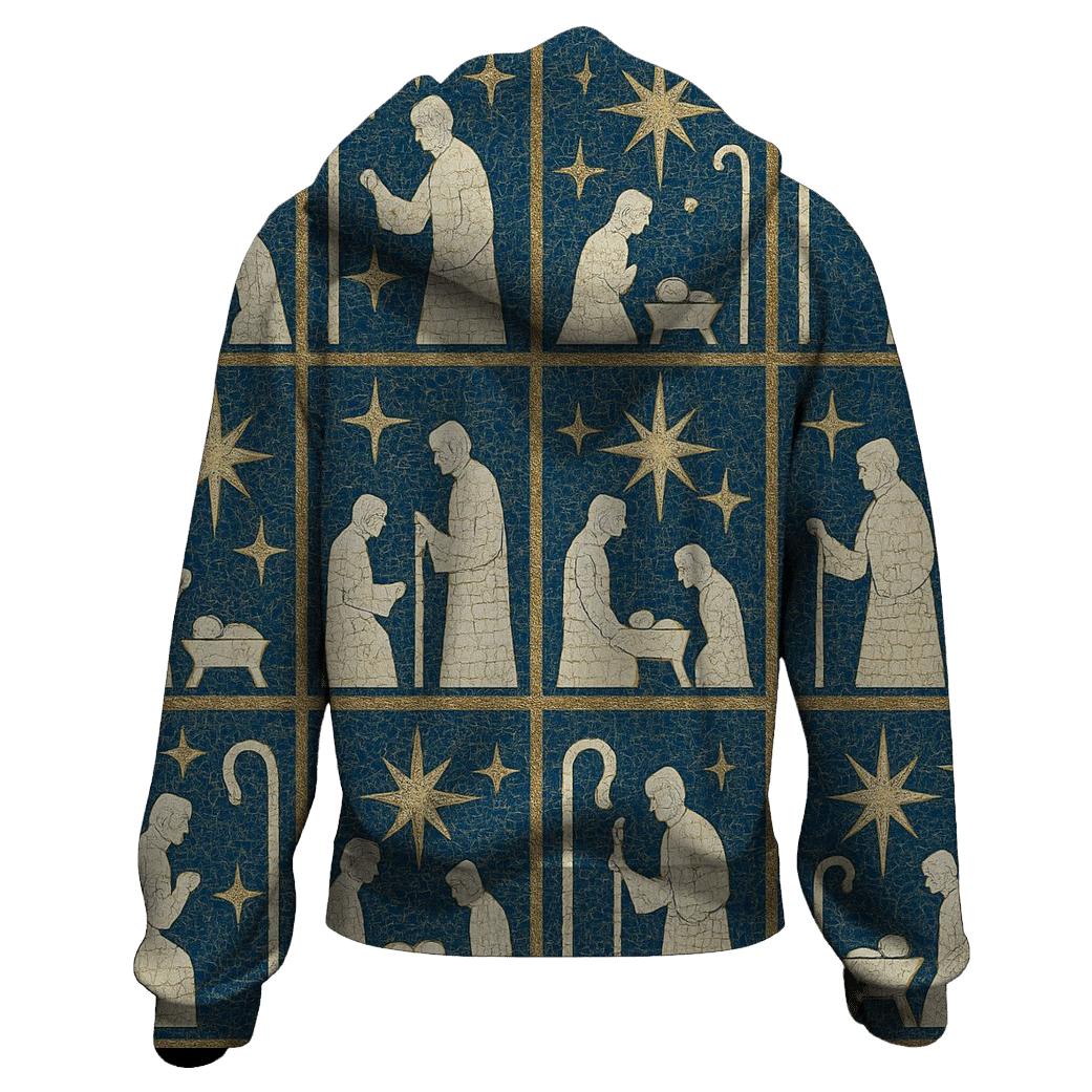 Ivory Nativity Mosaic On Midnight Blue Background hoodies fashion