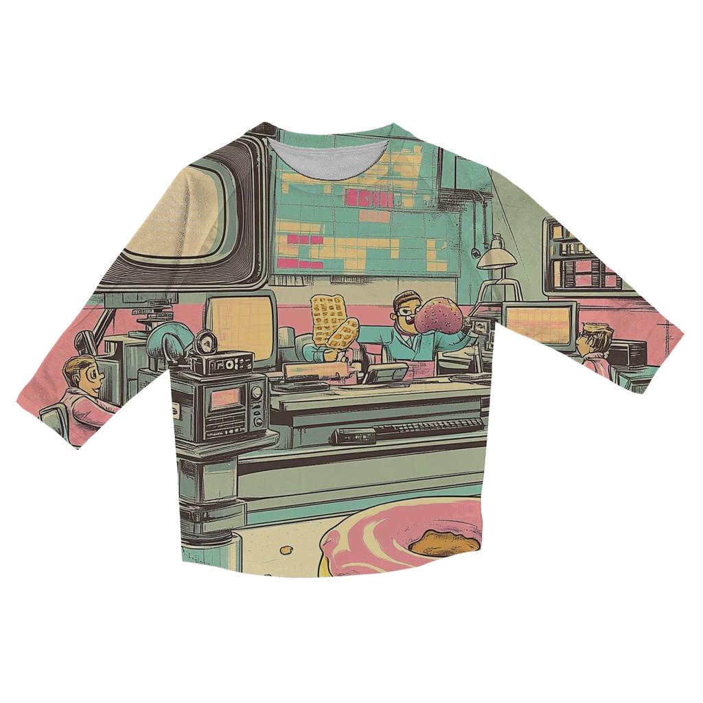 Breakfast Broadcast Brawl printed three quarter sleeve shirts