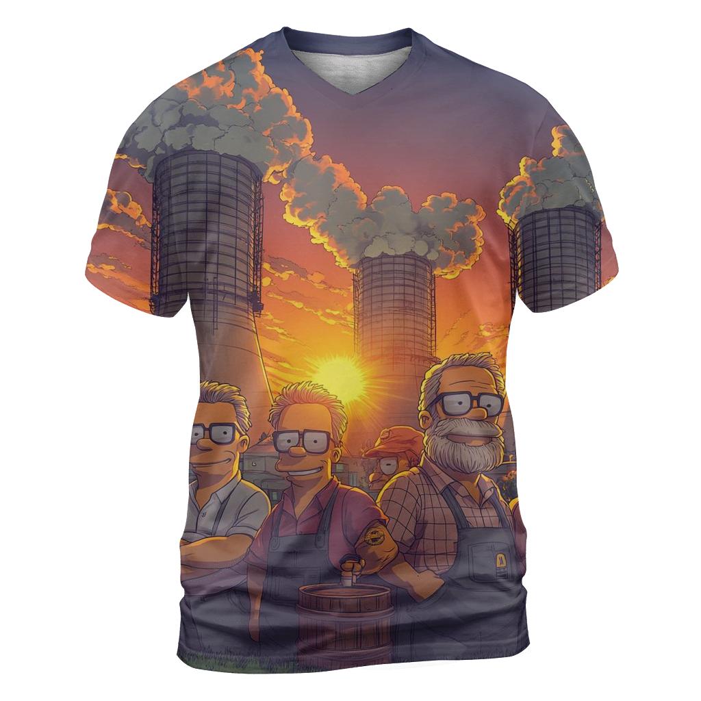 Sunset Power Plant Reunion vibrant all-over design tees