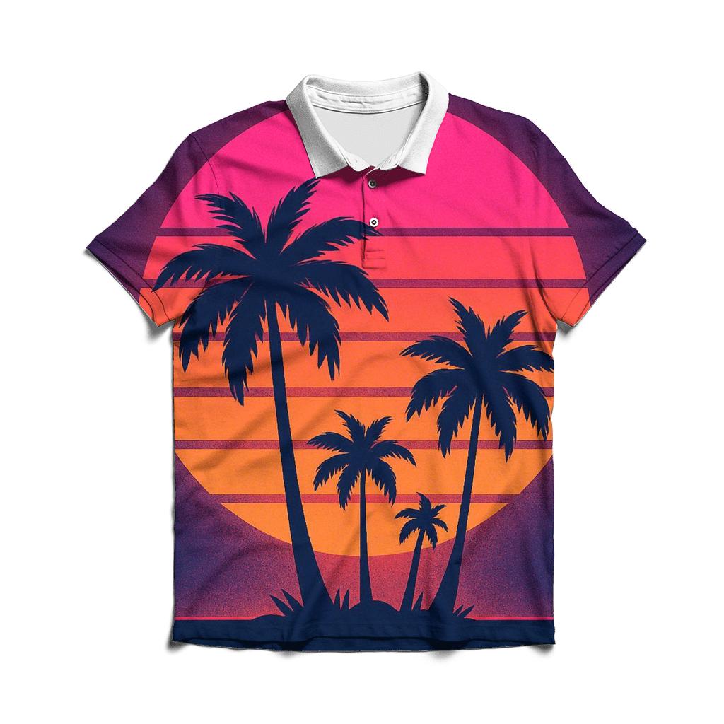 Retro Wave Sunset Palms premium cotton polo shirts