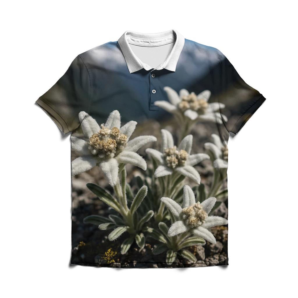 Sunlit Alpine Edelweiss Cluster branded logo polo shirts