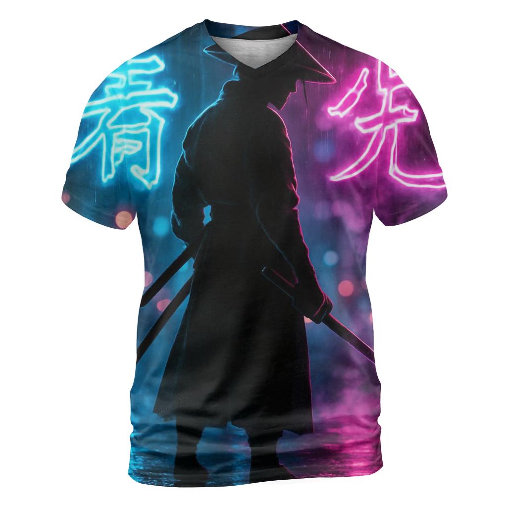 Neon Cyberpunk Samurai vibrant all-over design tees